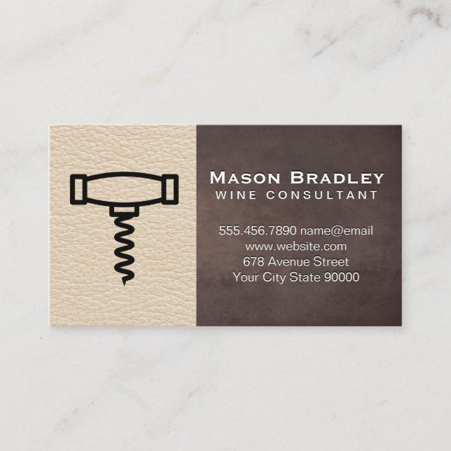 Corkscrew Icon | Brown Texture Leather Background Business Card (Front)