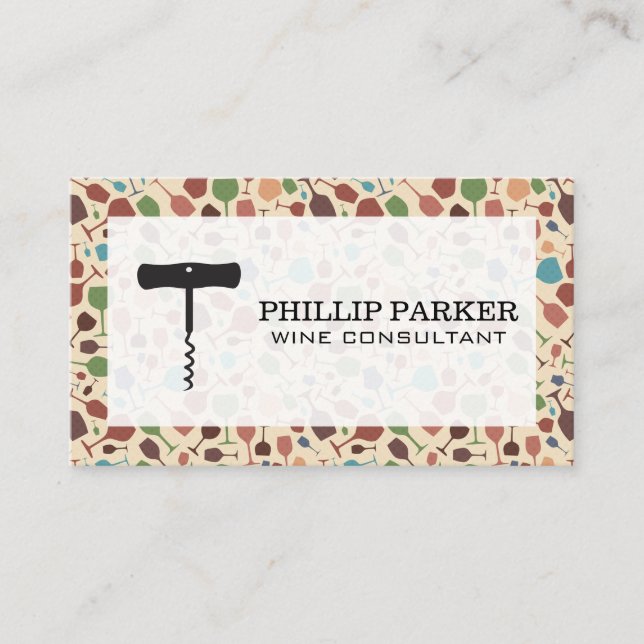Corkscrew Logo | Wine Glasses Pattern Business Card (Front)