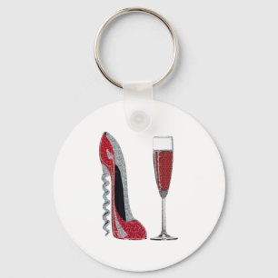 Corkscrew Red Stiletto and Red Wine Art Key Ring