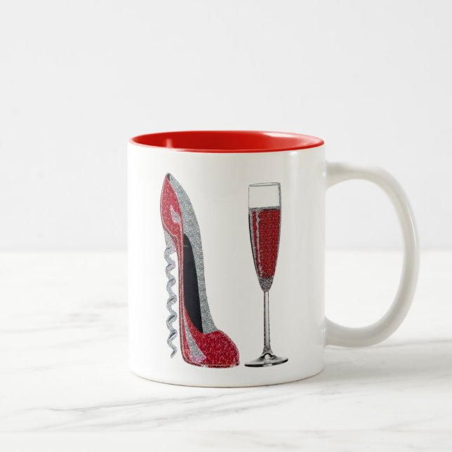 Corkscrew Red Stiletto and Red Wine Art Two-Tone Coffee Mug (Right)