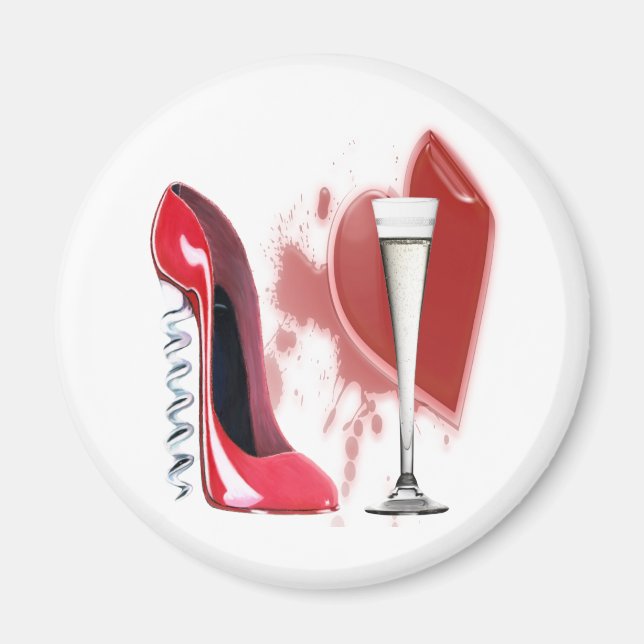 Corkscrew Red Stiletto Shoe, Champagne and Heart Magnet (Front)