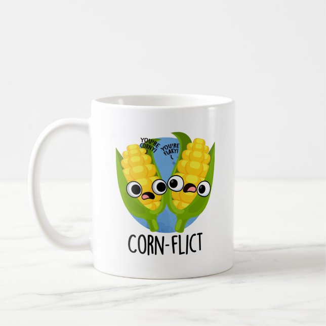 Corn-flict Funny Corn Pun  Coffee Mug (Left)
