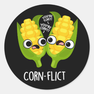 Corn-flict Funny Corn Pun Dark BG Classic Round Sticker