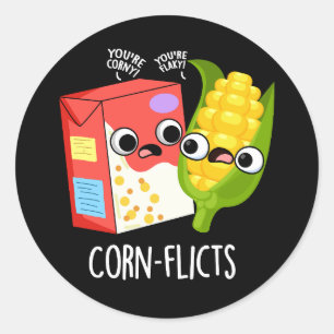 Corn-flict Funny Cornflake Corn Pun Dark BG Classic Round Sticker