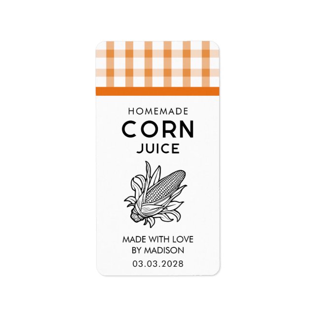Corn juice label with cob and chequered pattern (Front)