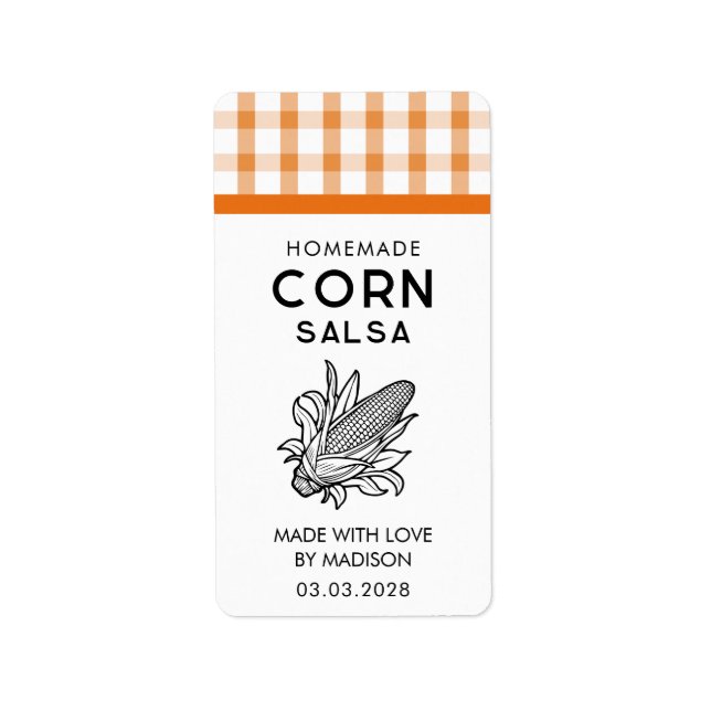 Corn salsa label with cob and chequered pattern (Front)
