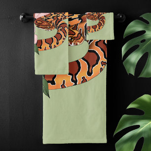 Corn Snake Pink Flowers Green Bath Towel Set