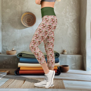 Corn Snake Pink Flowers Green Capri Leggings