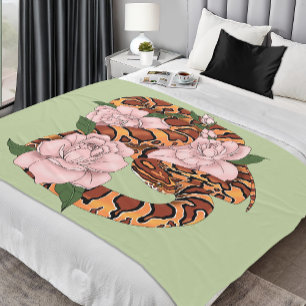 Corn Snake Pink Flowers Green Fleece Blanket