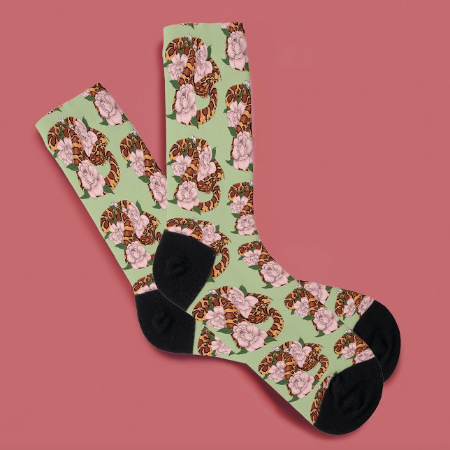 Corn Snake Pink Flowers Green Socks (Creator Uploaded)