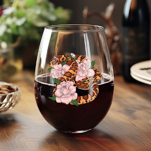 Corn Snake Pink Flowers Green Stemless Wine Glass