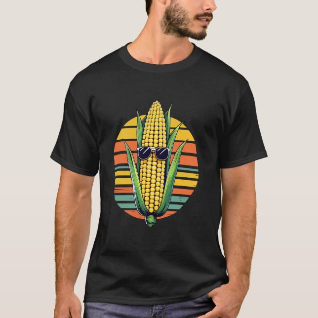 Corncob With Sunglasses, Retro Vegetable & Funny C T-Shirt (Front)