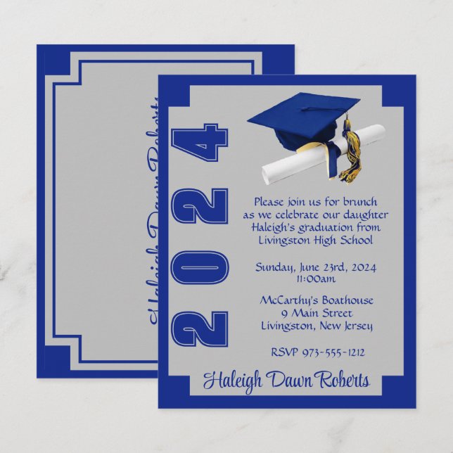 Corner Block Royal Blue & Grey Graduation Invitation (Front/Back)