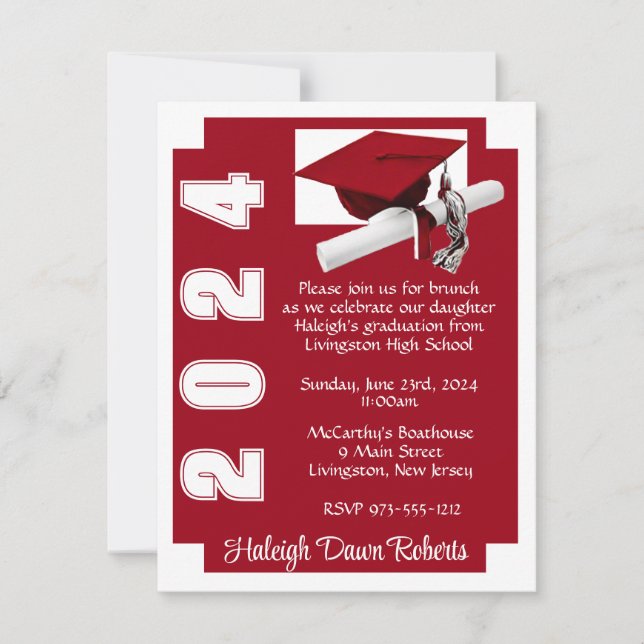 Corner Block Scarlet Red & White Graduation Invitation (Front)