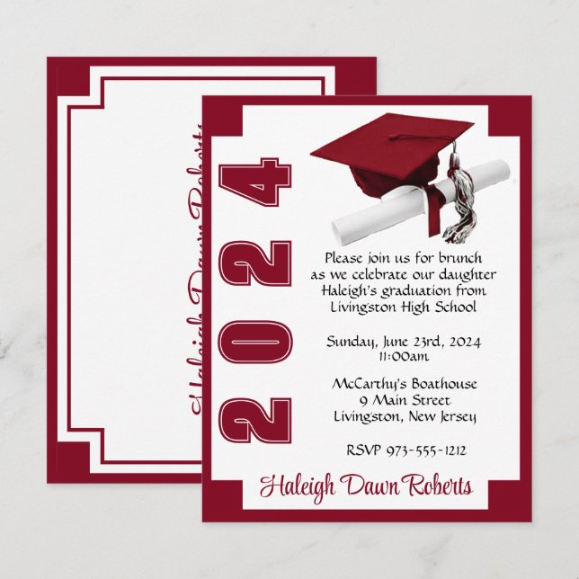 Corner Block White& Cardinal Red Graduation Invitation (Front/Back)