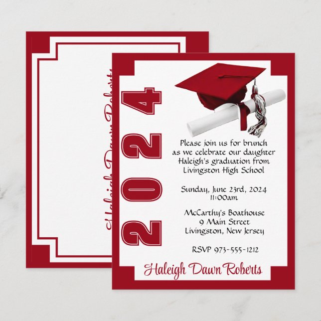 Corner Block White & Scarlet Red Graduation Invitation (Front/Back)