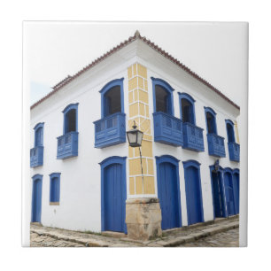 Corner Building Blue Trim, Paraty, Brazil, Tile