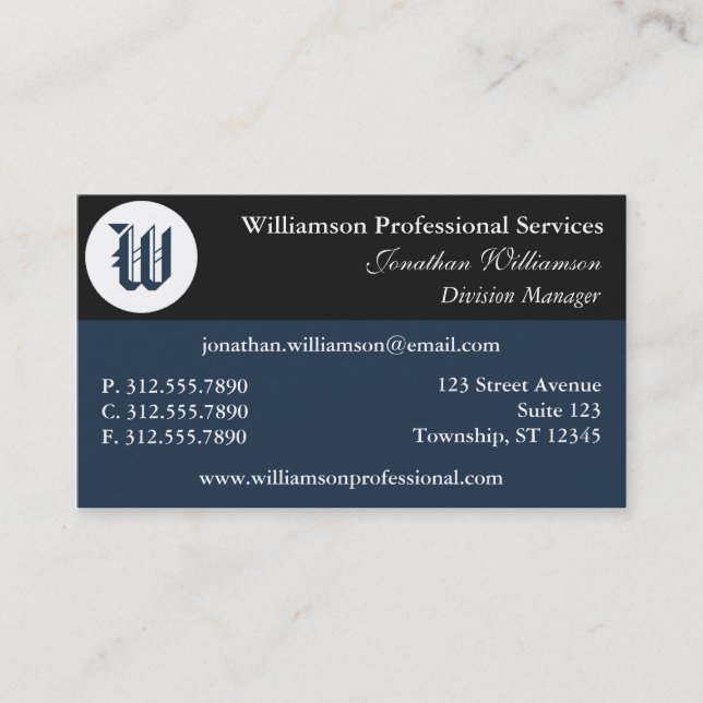 Corner Monogram Blue Business Cards (Front)