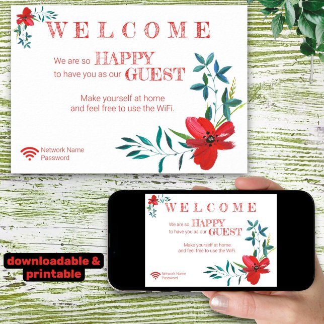 Corner Red Flowers Welcome Guest Wifi Password Poster (template wifi instructions printed and downloadable)