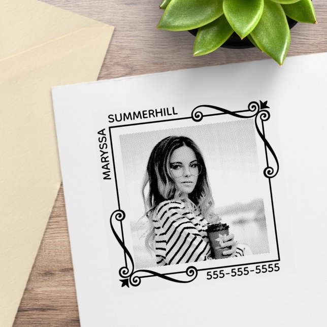 Corner Swirls Square Frame Custom Photo Text Rubber Stamp (Creator Uploaded)