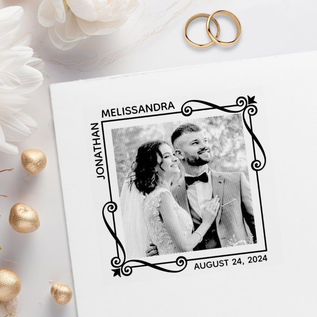 Corner Swirls Square Frame Wedding Photo Rubber Stamp (Creator Uploaded)
