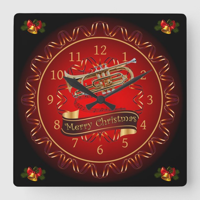 Cornet ~ Merry Christmas ~ Maroon & Black ~  Square Wall Clock (Front)