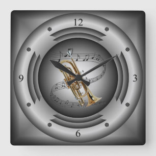 Cornet ~ Musical Scroll ~ Silver Speaker ~ Square Wall Clock