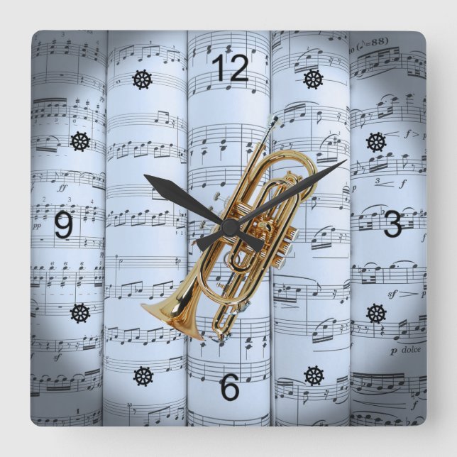 Cornet ~ Rolled Sheet Music ~ Blue Tint Background Square Wall Clock (Front)