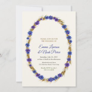 Cornflower and Golden Wheat Oval Crown Wedding Invitation