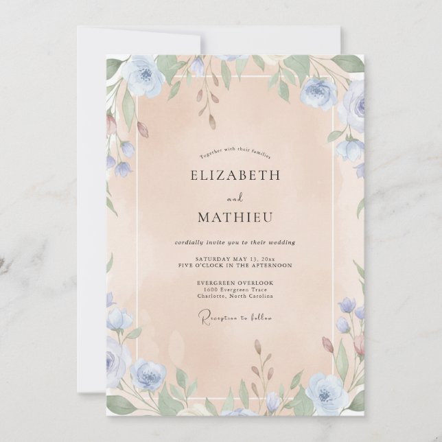 Cornflower Apricot Foliage Eucalyptus Wedding Invitation (Front)