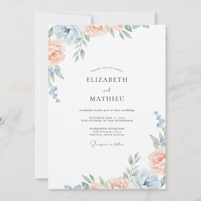 Cornflower Apricot Peony Wedding Invitation (Front)