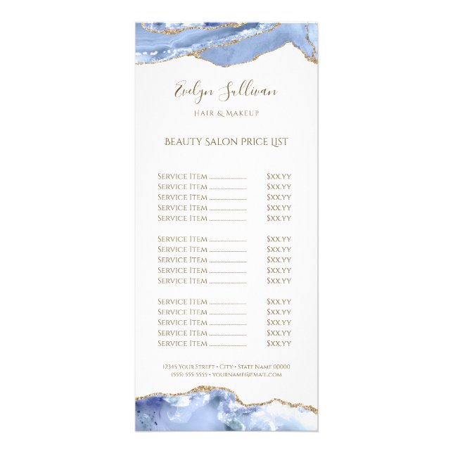 Cornflower blue agate price list rack card (Front)
