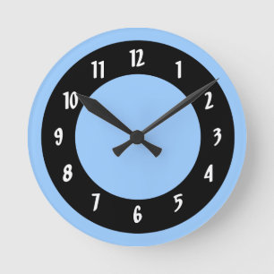 Cornflower Blue and Black Circles Round Clock