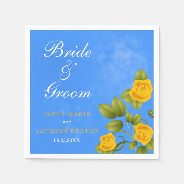 Cornflower Blue and Marigold Yellow Rose Wedding Napkin (Front)