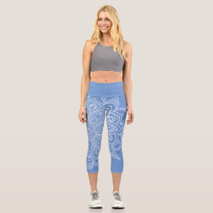Cornflower Blue and White Mandala Yoga Capri 