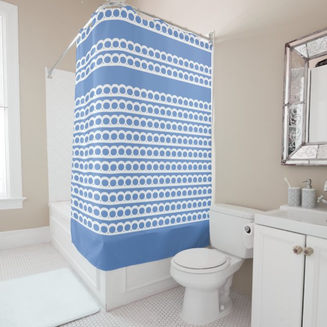 Cornflower Blue and white Modern bubble Waves Shower Curtain (In Situ)