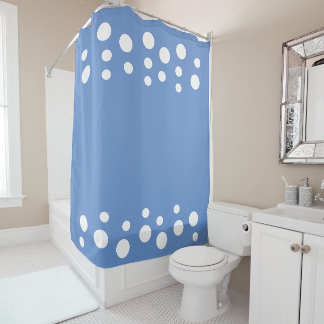 Cornflower Blue and white Modern Bubbles Dots Shower Curtain (In Situ)