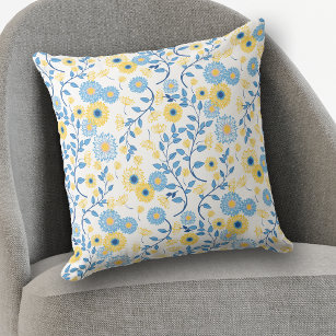 Cornflower Blue and Yellow Floral Pattern Cushion