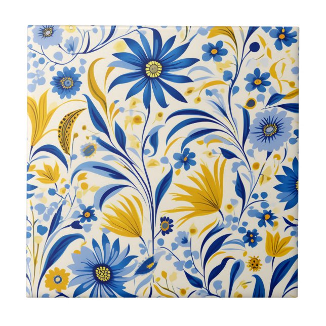 Cornflower Blue and Yellow Leaves Pattern Ceramic Tile (Front)