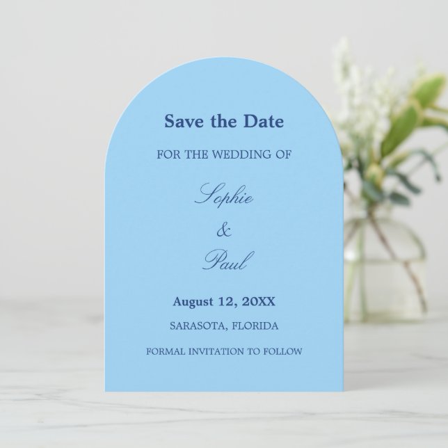 Cornflower Blue Arch Save the Date (Standing Front)