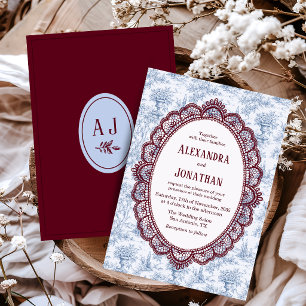 Cornflower Blue Burgundy Vintage Lace Wedding Invitation