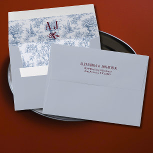 Cornflower Blue Burgundy Vintage Toile Wedding Envelope