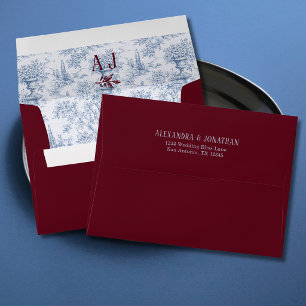 Cornflower Blue Burgundy Vintage Toile Wedding Envelope