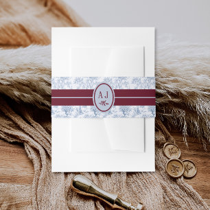 Cornflower Blue Burgundy Vintage Toile Wedding Invitation Belly Band
