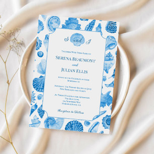 Cornflower Blue Coastal Seashell Wedding Invitation
