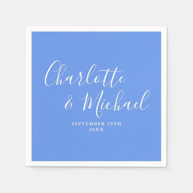 Cornflower Blue Elegant Modern Script Wedding Napkin (Front)