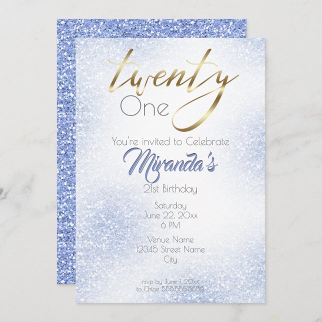 Cornflower Blue Glitter and Gold 21st Invitation (Front/Back)