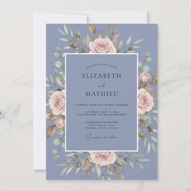 Cornflower Blue Graceful Rose Wedding Invitation (Front)