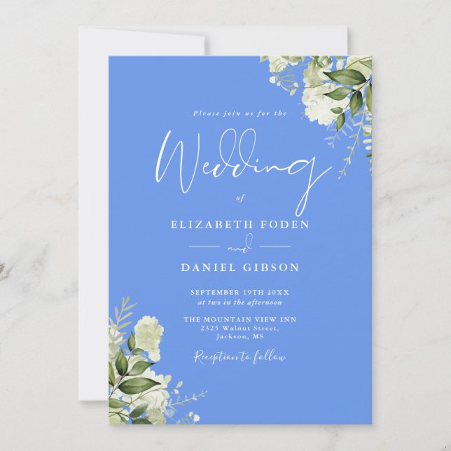 Cornflower Blue Greenery Leaves Monogram Wedding Invitation (Front)