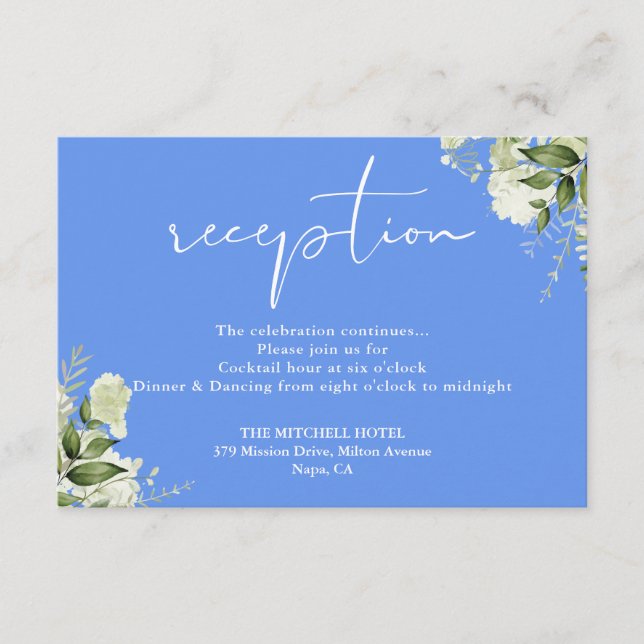 Cornflower Blue Greenery Script Wedding Reception Enclosure Card (Front)